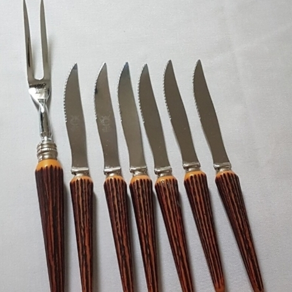 Crown Sheffield Steak Knife Set with Meat Fork, Faux Antler Handles, England